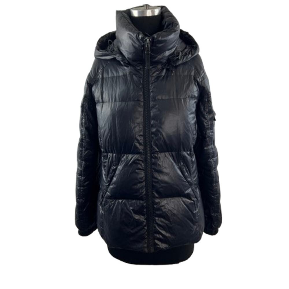 S13 New York Kylie Triple Black Down Puffer Jacket Hooded Zip Size Large L FLAW